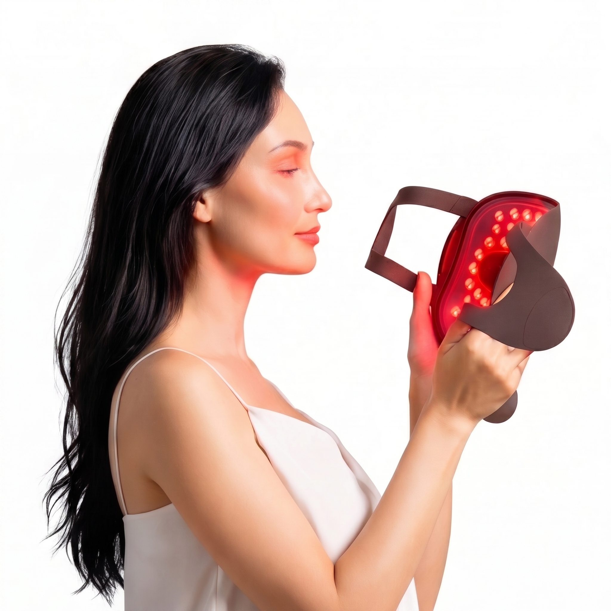 Woman holding the NOORA 3-Light Reset Mask