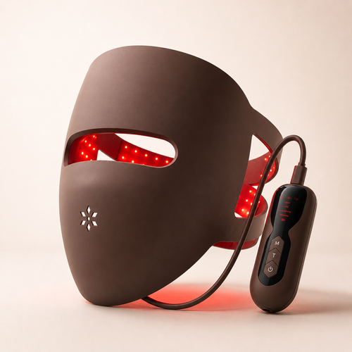 NOORA red light therapy mask front view showing the full face honeycomb LED matrix with 336 chips and three wavelengths